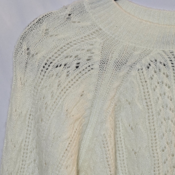 O.P.T Cream Wool Mohair Blend Open Pointelle Knit Balloon Sleeve Sweater, sz L - Picture 3 of 7